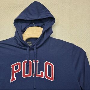 Ralph Lauren Arched POLO Logo Hoodie Men XL Navy Blue Red Lightweight Cotton Tee